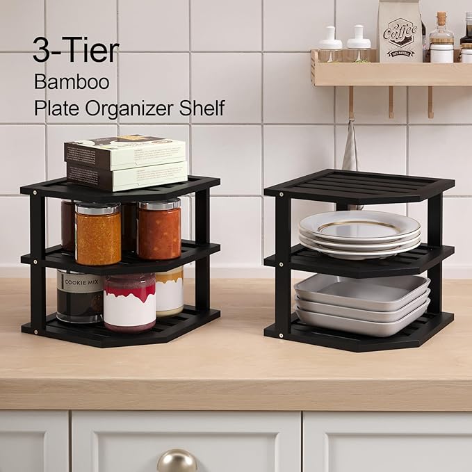 VERTORGAN 3 Tier Bamboo Corner Shelf(2 Pack),Dish Drying Rack,Plate Organizer,Kitchen Spice Rack for Countertop and Cabinet(Black)