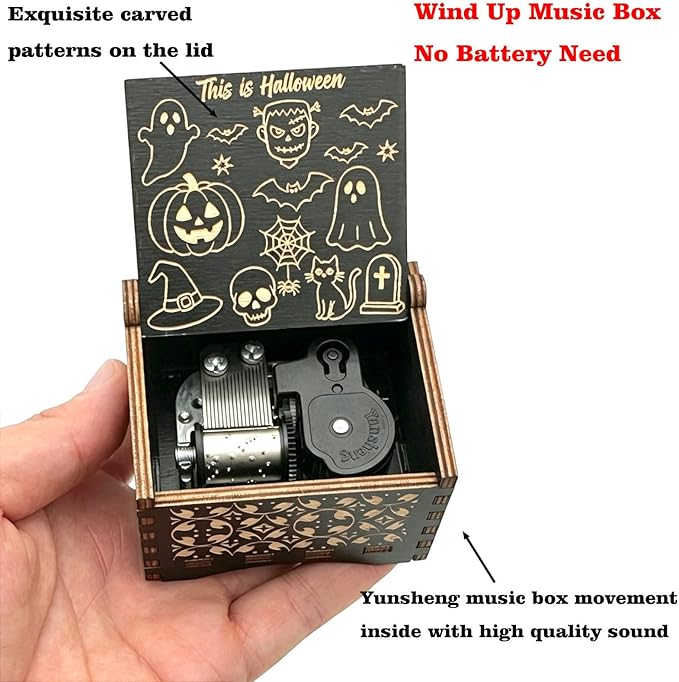 Pursuestar Black Wooden Wind Up Music Box - This is Halloween, Vintage Engraved Wood Mechanism Musical Gifts for Anniversary Mother's Day Valentine's Day Christmas Thanksgiving Birthday
