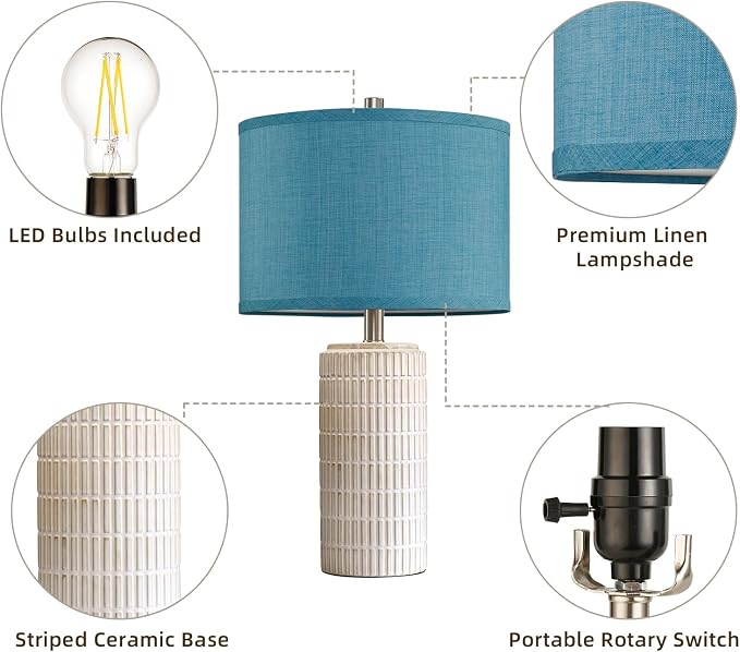 AIEAMPDO 23" Set of 2 Nautical Ceramic Nightstand Table Lamps, Blue | Side Table Lamps For Bedroom, Bedside, Living Room, Dining Room And Office, 2 LED Bulbs Included