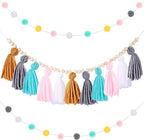 Syhood 3 Pcs Boho Tassel Garland Wall Hanging Decor 1 Boho Tassel Garland with Wood Beads and 2 Western Colorful Pom Pom Ball for Classroom Party Wedding Baby Shower Home Decorations(Simple Colors)