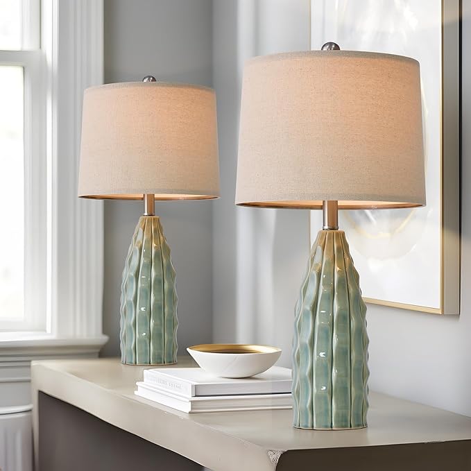 USumkky Ceramic Table Lamps Set of 2, 23.75" Modern Farmhouse Bedside Lamp - Green Nightstand Lamps for Bedroom, Boho Living Room End Tables, Small Office Desk Lamp Decor