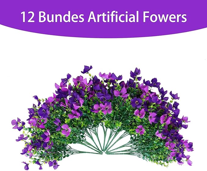 Artificial Faux Plants Flowers Outdoor Spring Summer Decoration, 12 Bundles Fake Silk Colorful Daisy Eucalyptus Realistic UV Resistant for Outside Home Planter Porch Patio Yard Decor (Purple)