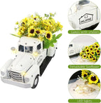 OurWarm Vintage White Truck Decor with Sunflowers Artificial Flowers Farmhouse Table Decor, LED String Lights Metal Truck Sunflower Decor for Home Rustic Farmhouse Tiered Tray Decor, Table Top Decor