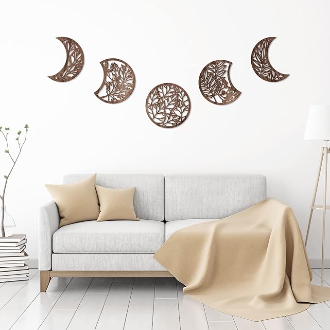 Jetec 5 Pcs Moon Phase Wall Art Decor Wall Pediments Hanging Wooden Phase Spiritual Bedroom Nordic Boho Lunar Aesthetic Art for Living Room Dorm Apartment Ornament(Brown,10.6 Inch,Botanical)
