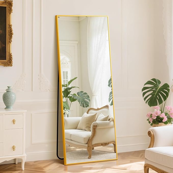DUMOS Full Length Mirror with Stand 24"x65" Floor Standing Aluminum Frame for Bedroom Body Hanging Leaning Modern Simple Home Decor Shatter-proorf Nano Glass Wall Living Room Cloakroom, Gold