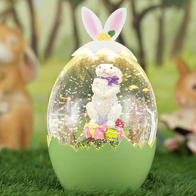 Easter Bunny Decor Snow Globe with 6-Hour Timer, Glittering Rabbit with Egg Lantern, USB/Battery Operated, Spring Home Decor for Office Party Decoration, Green