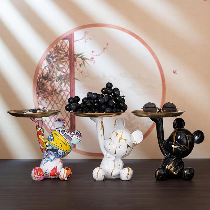 Key Holder Bowl Tray For Office Desk, Decorative Animal Bear Sculpture Home Decor Statue, Storage Tray For Entryway Table (Black & Gold)