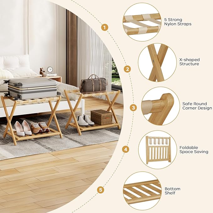 Full Assembled 26.77"L Luggage Rack for Guest Room, Set of 2 Foldable Suitcase Stand with 5 Nylon Straps, Luggage Holder with Shoe Shelf for Suitcases Hotel (Natural Wood Bamboo Luggage Stands)