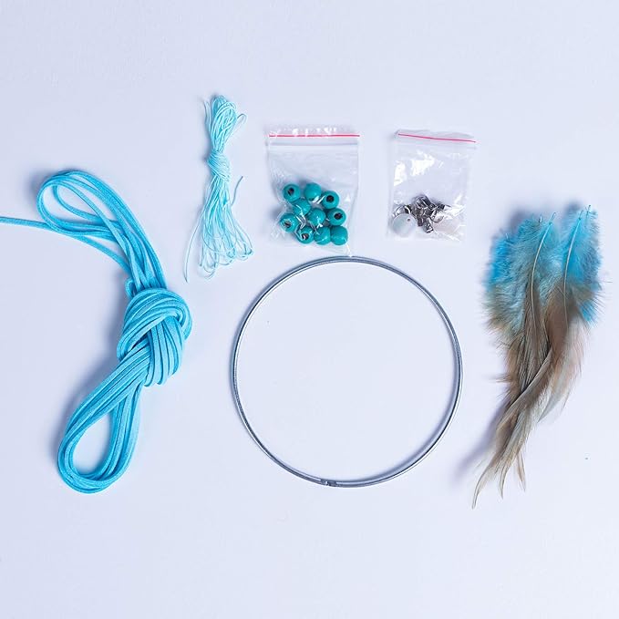 FANDOL DIY Dream Catcher Beginner Kit, Making Dream Catcher Supplies Include Metal Hoop, Feathers, Faux Suede Cord, Thread, Wood Beads (Sky Blue)