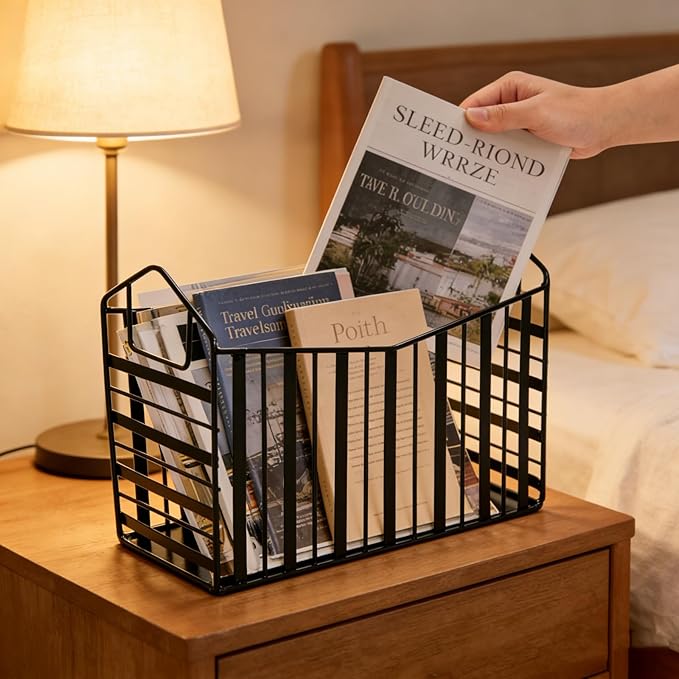 Noamus Metal Magazine Holder, Document File Rack with Handle, Newspaper Book Folder Mail Organizer Bin, Iron Wire Tablet Storage Basket Stand for Home Office Bathroom Bedroom Den Living Room, Black