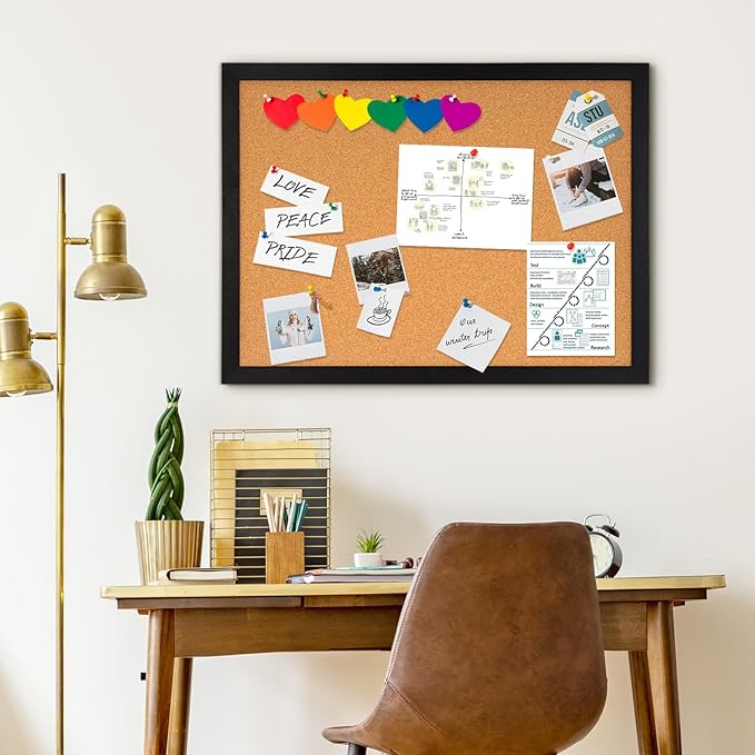 DOLLAR BOSS Cork Board for Wall 24" x 18" Bulletin Board for Wall with Black Wood Frame, Picture Display Pin Broad Vision Board for Office Home School Room Decorative Hanging 10 Pushpins
