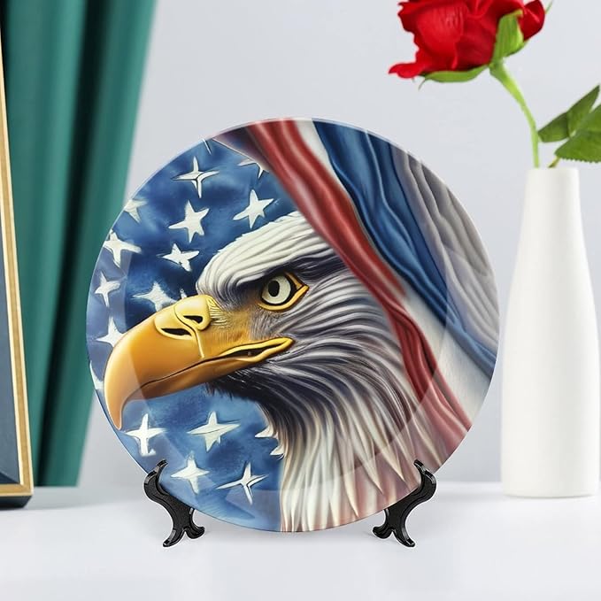 Decorative Plates for Home Decor, Eagle and American Flag Patriotic Decor Tray for Table Display, Ceramic Dinner Plate w/Stand, Living Room Dining Room Decor, Housewarming Gifts, 10 Inch