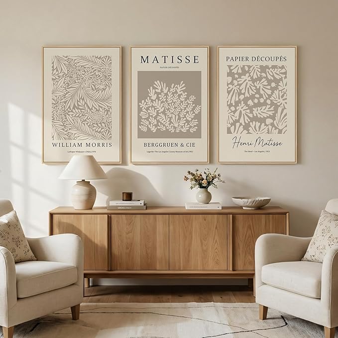 Framed Large Matisse Canvas Wall Art Set of 3, Vintage Neutral Abstract Floral Artwork Prints, Boho Beige Botanical Wall Decor for Living Room, Bedroom, Hallway and Office, Total Size 30x60