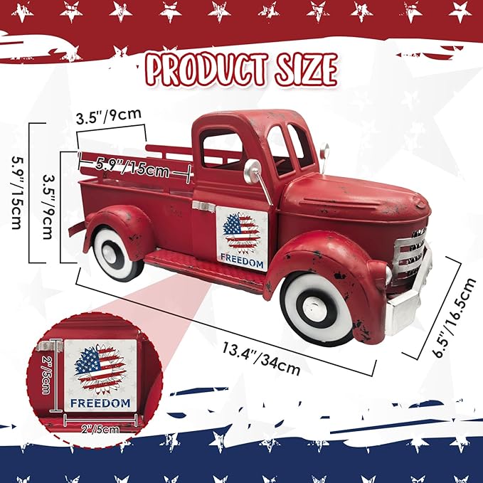 Patriotic Decorations 13.4 Inch Farmhouse Vintage Red Truck with 12 Magnets Interchangeable Seasonal Decor Rustic Metal Pickup 4th of July Decor 250 America Anniversary Centerpieces for Home