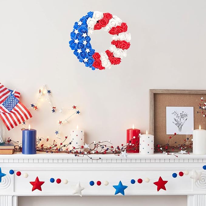 Patriotic Wreath for Front Door Red White Blue Wreath 4th of July Wreaths for Door Wall Memorial Day Decor Independence Day Hanging Decoration for Outside Home Farmhouse Holiday (Flower)