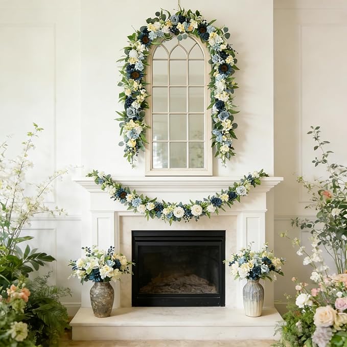 Idyllic 6 Ft Blue Rose Vine Garland - Artificial Spring Floral Garland for Wall Decor, Window, Mantle, Wedding, Home Decor - Faux Long Hanging Vine with Leaves