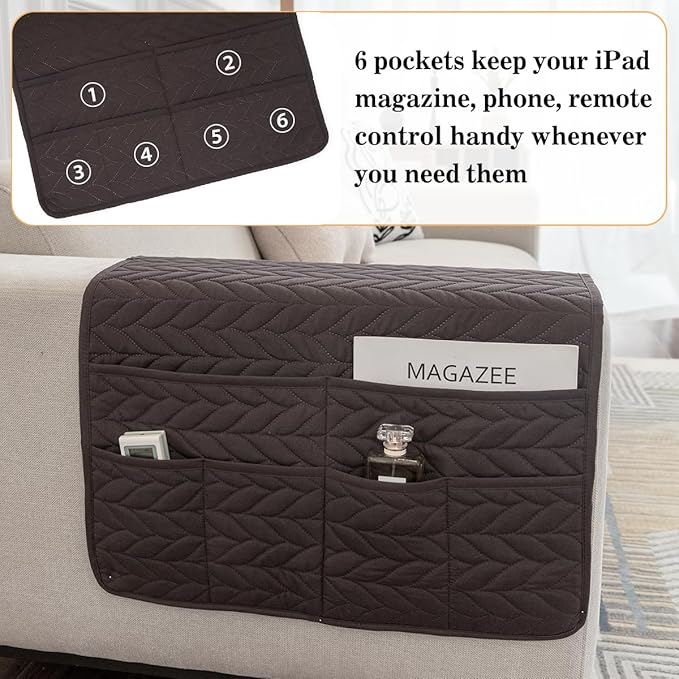 Sofa Armrest Organizer Arm Chair Caddy for Recliner, Remote Control Holder for Recliner, Non-Slip Armchair Caddy with 6 Pockets Storage for Magazine, Chocolate