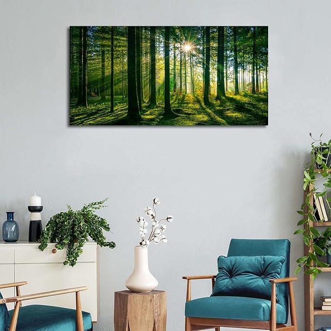 AIYISU Green Forest Canvas Wall Art Sunshine Forest Pictures Wall Decor Nature Sunlight Scenic Painting Poster Spring Forest Trees Prints Artwork for Living Room Bedroom Office Home Decorations 20x40