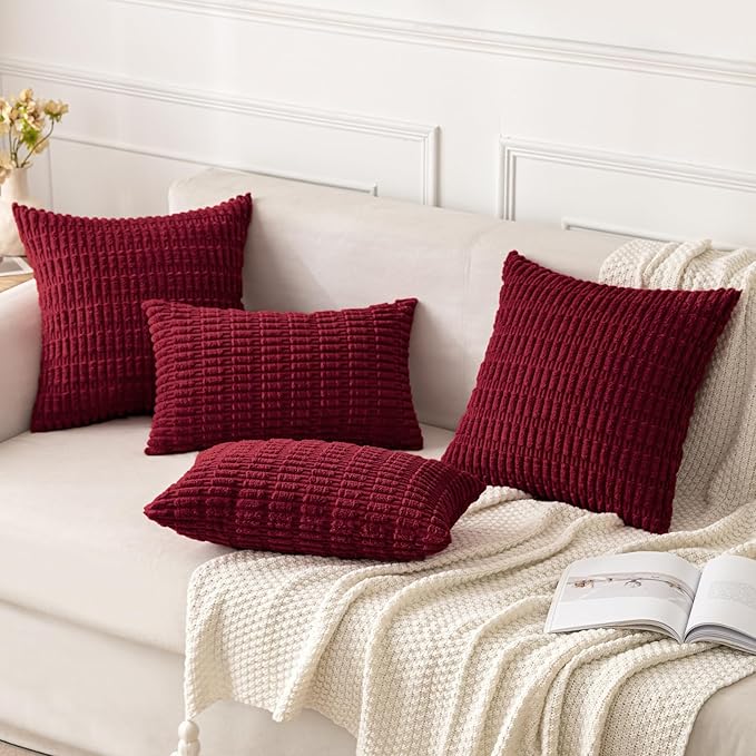 MIULEE Pack of 2 Burgundy Corduroy Decorative Pillow Covers 18x18 Inch Soft Boho Striped Throw Pillow Covers Modern Farmhouse Home Decor for Sofa Living Room Couch Bed