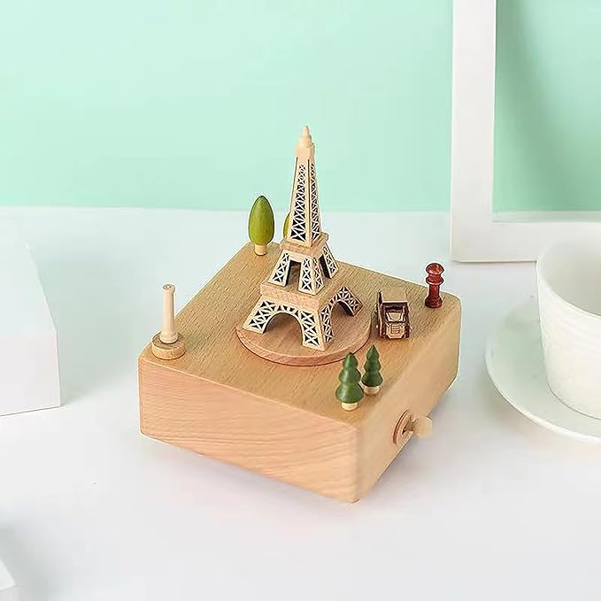 Natural Solid Wood Handcrafted Beech Wooden, Musical FigureTotoro/Carousel/Fairy/Ballerina Figurine,Rotating Hand Crank Mechanism Music Box,Musical Decorations (Eiffel Tower)