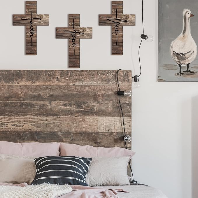 Jetec 3 Pieces Easter Faith Love Hope Cross Sign Crosses Wall Decor Wood Wall Hanging Rustic Cross Vintage Religious Love Art Decor Farmhouse Home Hanging Decorations, 12 x 8 Inch(Brown)
