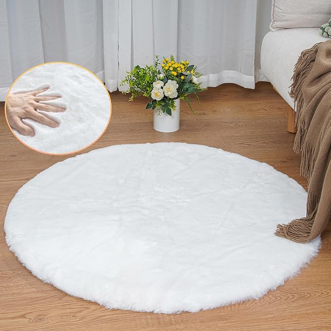 White Faux Fur Round Rug 4ft Fluffy Rabbit Fur Rug Machine Washable Circle Area Rugs for Living Room Bedroom Home Teen Room Nursery Décor
