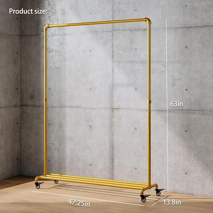 Gold pipe clothing rack with Bottom Shelf,rolling clothes rack heavy duty,garment racks for hanging clothes,Hanging Rack Closet Organizer for Bedroom,Retail (gold)