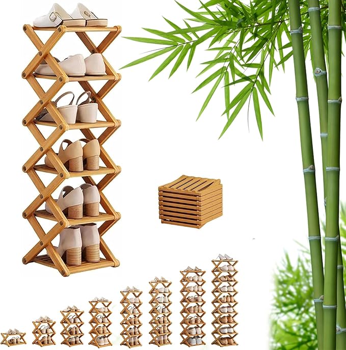 9 Tier Bamboo Shoe Rack, Foldable Shoe Rack, Shoe Rack, Ertical Shoe Organizer for Small Spaces, No Assembly Narrow Shoe Shelf for Entryway Closet Dorm (Yellow, 6 Layers)
