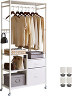 Clothes Rack for Hanging Clothes, 2 Drawers, Heavy Duty Garment Racks with Shelves, Clothes Rack with Hanging Hooks, White YD-TM080W
