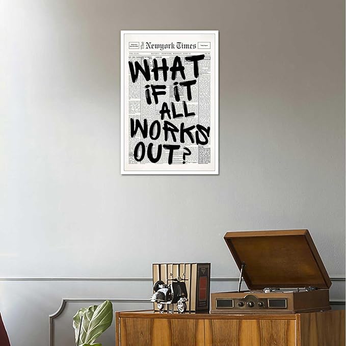 Retro Black And White Newspaper Poster What If It All Works Out Canvas Wall Art Positive Affirming Quote Minimalist Prints Painting For Home Bedroom Dorm Wall Decor 12x16in Unframed