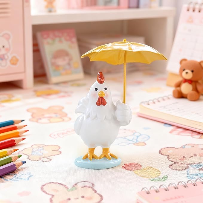 Funny Chicken Resin Statue - Cute Baby Chicken with Yellow Umbrella Statue for Fairy Garden Decor Spring Chick Figurine for Outdoor Planter Yard Patio Lawn Indoor Table Decor for Home Gifts