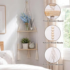Artilady Macrame Wall Hanging Corner Shelf 2-Tier, Adjustable Boho Stable Shelves Display for Indoor Plants Candle Holder, Rustic Bedroom Living Room Home Decor (Beige 2-Tier Beads)