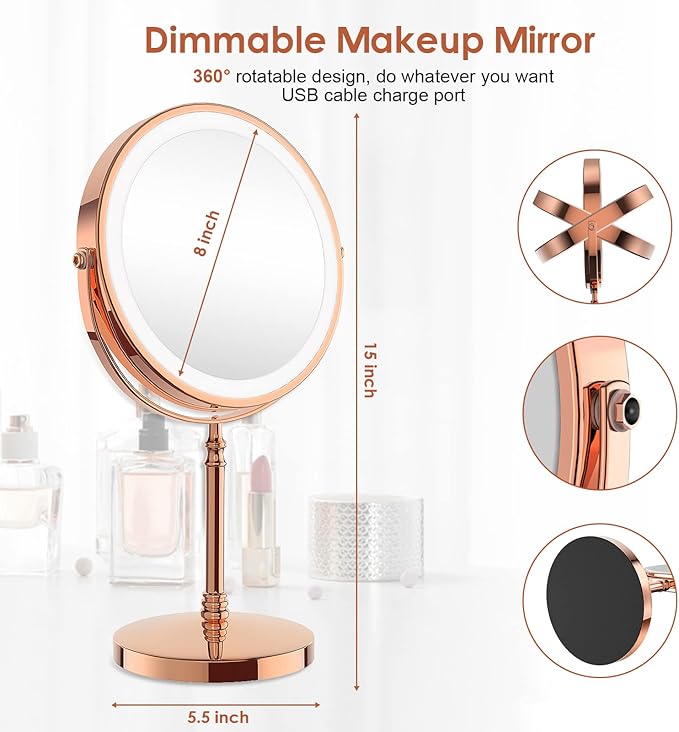 DEIOVWXS Makeup Mirror, 3000mAh Rechargeable Double-Sided Magnifying Vanity Mirror with 3 Colors, 1X/10X, Adjustable Brightness, Gifts for Mom, Mothers Day, Women, Wife, Girls, Dorm Room Essential