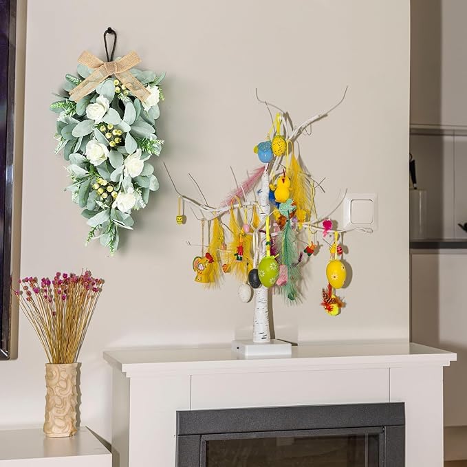 2 Pcs 24" Artificial White Rose Teardrop Wreaths Swag Spring Summer Flower Berries Swags Wreath White Floral Hanging Wreaths for Kitchen Cabinet Doors Window Wall Wedding Party Home Decor