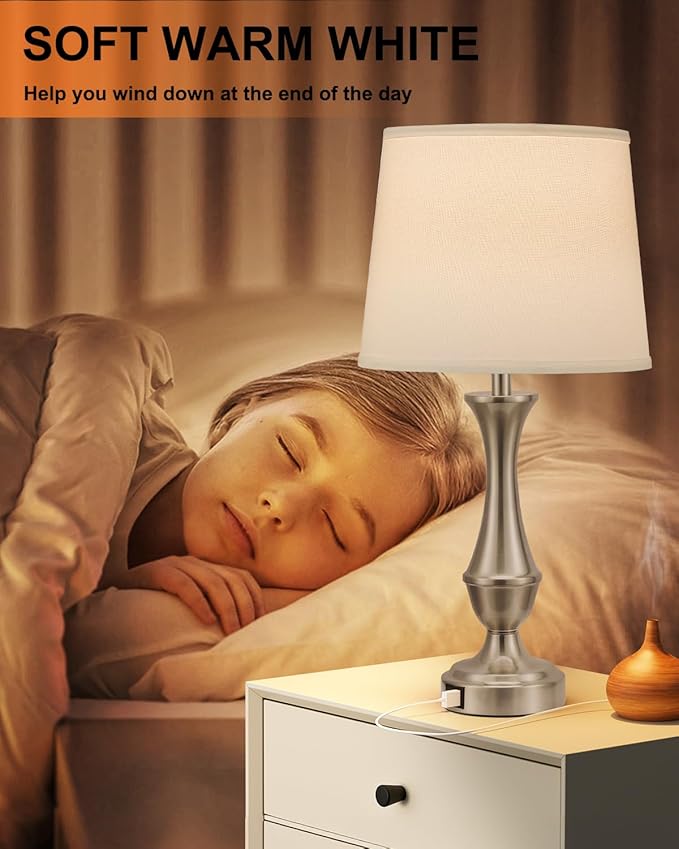 Seealle Upgraded Touch Lamps for Night Stands Set of 2 - Bedside Lamps with USB C+A, 3 Way Dimmable for Bedroom Living Room End Tables Office (White&Nickel)