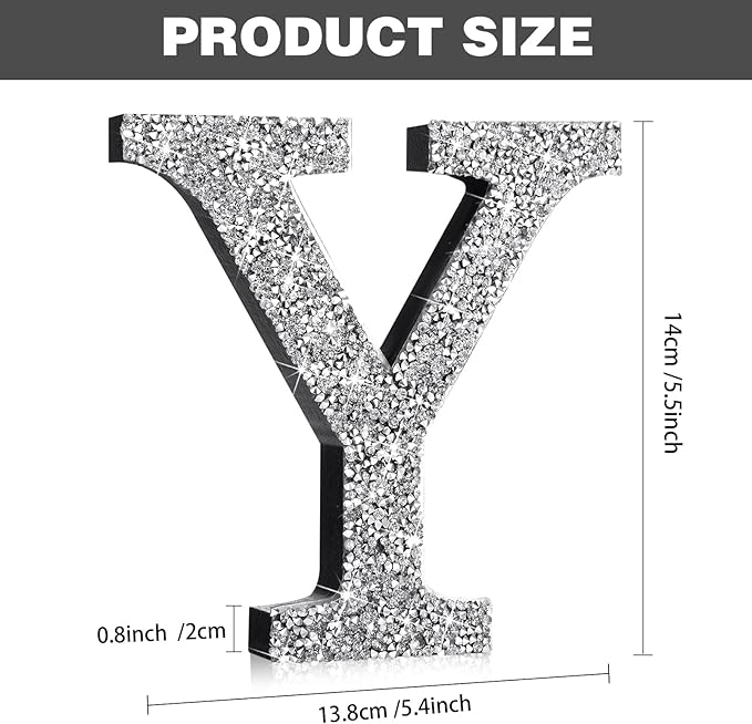 Qunclay 5.7" Silver Crystal Diamond Bling Letters Crushed Diamond Decoration Wooden Glitter Letter with Screw and Hooks Rhinestone Gift for Wedding Y2k Mcbling Bedroom Wall Decor (Letter Y)