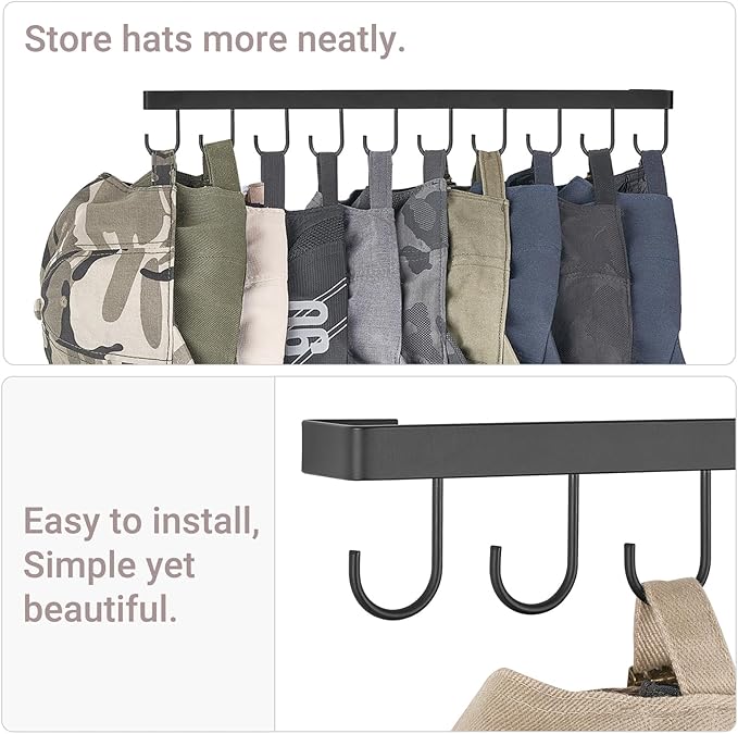 Mkono Hat Rack Wall Mount Set of 2 Hat Storage Organizer for 20 Baseball Caps, Modern Metal Closet Hat Hooks for Wall, Ball Caps Holder Organizer for Bedroom Entryroom Closet Organization, Black