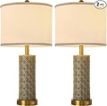 Set of 2 Table Lamp for Living Room Bedroom Farmhouse,26'' Touch Control Bedroom Smoke Grey Ceramic Lamps 3-Way Dimmable Bedside Lamps with USB A+C Ports Linen Shade for Home