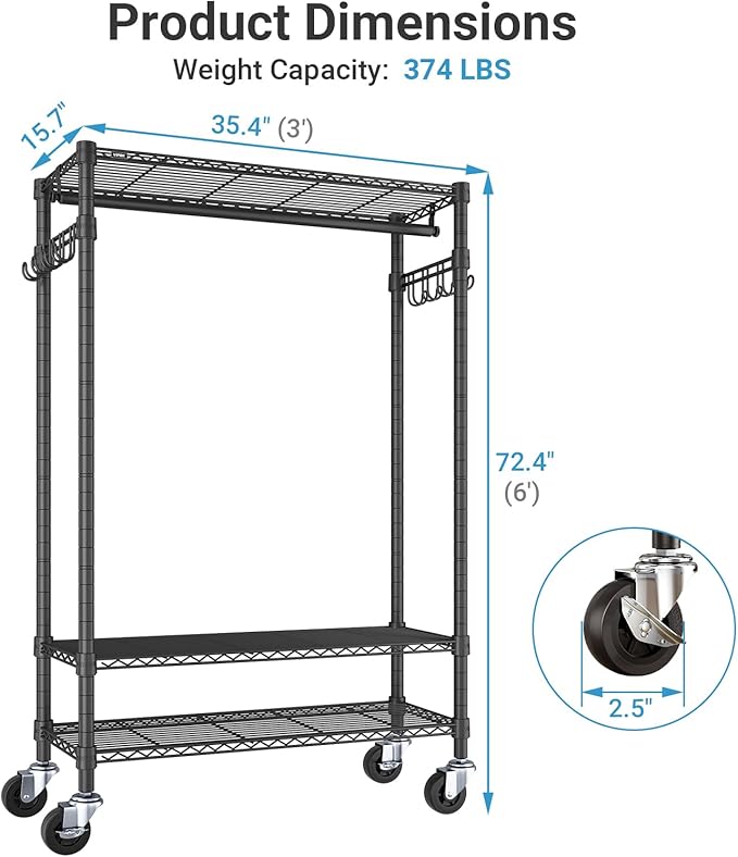 VIPEK R3 Heavy Duty Garment Rack with Lockable Wheels, Portable Rolling Closet with Adjustable Shelves & Hanging Rod & Side Hooks, Compact Space-Saving Storage for Small Apartments/Dorms (Black)