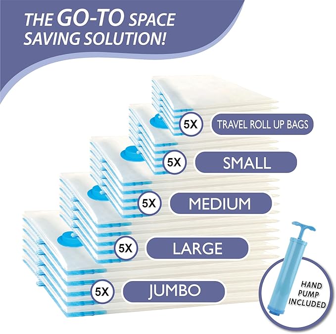 Cozy Essential Vacuum Storage Bags, Compression Space Saver Bags for Clothes, Comforters, Blankets, Pillow, Bedding, Sealer Clothing Storage,25 Combo