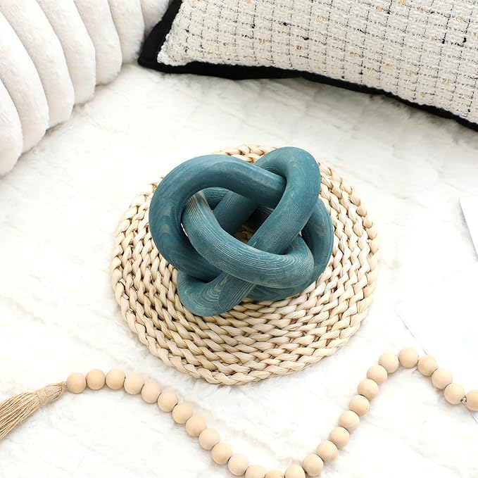 Yalikop 3 Link Wood Knot Decor Rustic Home Décor Accents Hand Carved Coffee Table Decoration, Boho Chain Link Decoration, Modern Shelf, Rustic Objects for Home Living Room Bedroom(Blue)