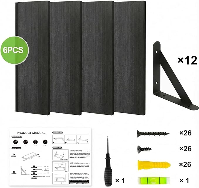 YGEOMER 23.6 Inch Floating Shelves for Wall, Farmhouse Wall Shelves for Bedroom, Bathroom Storage, Living Room and Kitchen Decor (Set of 6 Black)