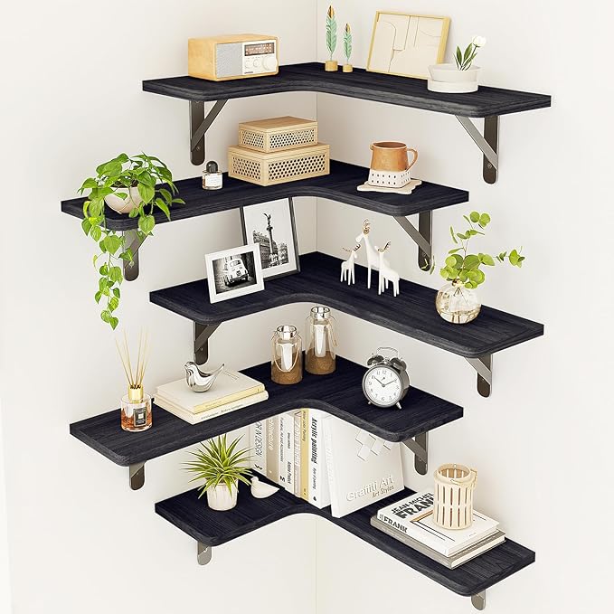 Fixwal Corner Shelves Wall Mounted Set of 5, Floating Shelves for Wall Bathroom, Kitchen, Bedroom, Home Decor, Laundry Room, Living Room (Black)