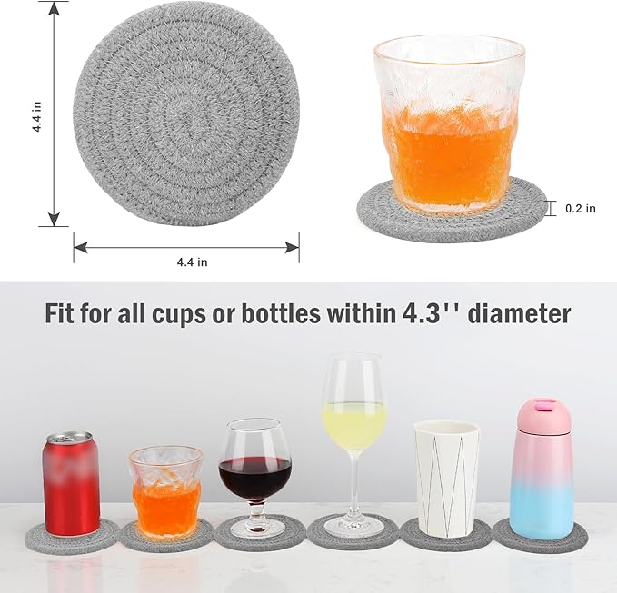 ABenkle 8 Pcs Drink Coasters with Holder, Cotton Woven Absorbent Coasters for Drinks, Minimalist Home Decor Coaster Set for Wooden Tabletop Protection Table, 4.3 inches