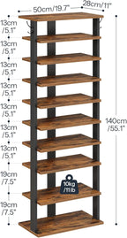 HOOBRO 10 Tiers Vertical Shoe Rack, Wooden Shoe Storage Organizer with Hooks, Narrow Shoe Tower for 20 Pairs, Space Saving, for Entryway, Living Room, Bedroom, Rustic Brown FG140XJ01