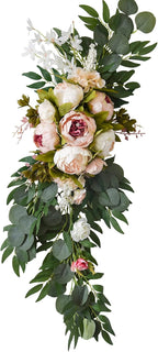 2 Pcs Wedding Arch Flowers Kit, Artificial Peony Flower Swag Backdrop Floral Garland Centerpieces, Champagne Peony Floral Swags Silk Hanging Peony Garland with Green Leaves Decor for Home(Pink)
