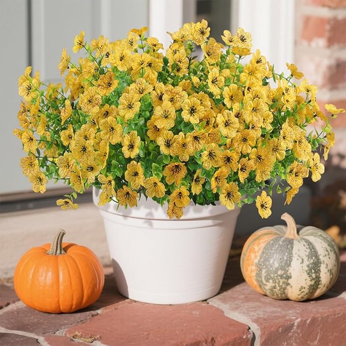 Artificial Faux Flowers Plants for Outdoors Outside Spring Summer Decoration,12 Bundles Realistic Fake Flowers Plant Greenery Silk Daisy UV Resistant Planters Balcony Porch Patio Garden Home（Yellow）