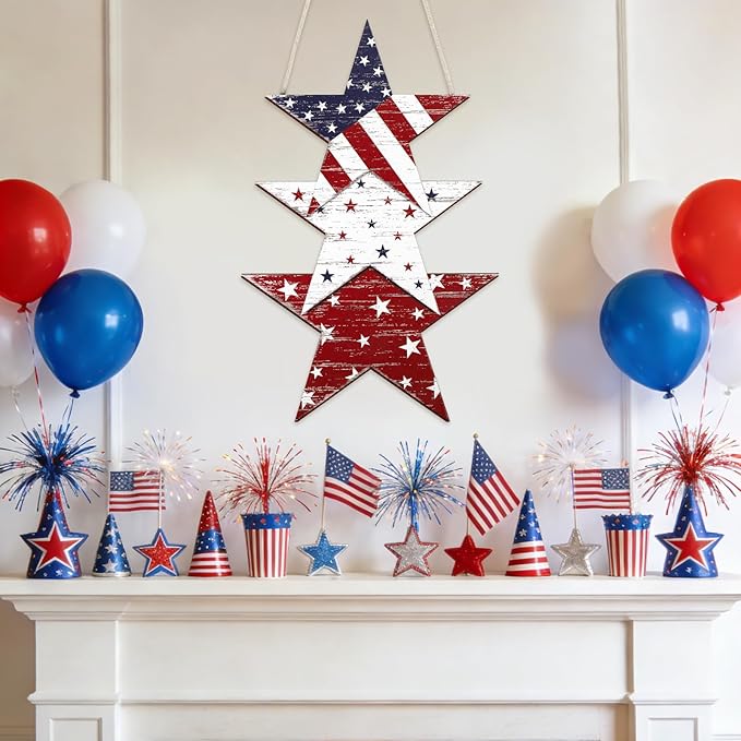 4th of July Decorations Wooden Welcome Sign, Wooden American Flag Star Wreath, Outdoor Wall Hanging for Front Porch, Memorial Day Home Decor (Retro)