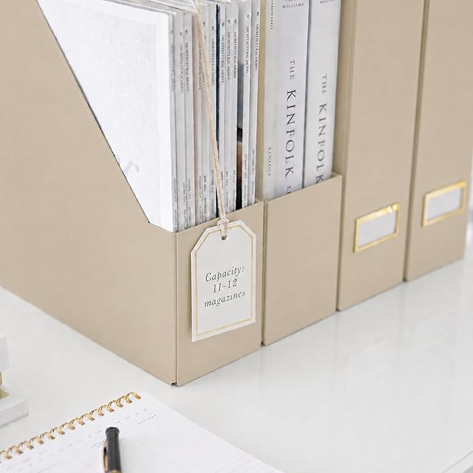 BLU MONACO | Set of 6 Foldable Taupe Magazine File Holders with Label Holders | Vertical File Organizer & File Storage Boxes for Desk, Shelves & Home Office