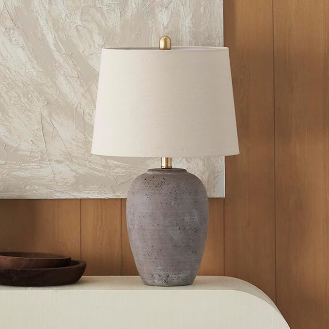 Nourison Home 23" Greyish Brown Earth Tone Rustic Farmhouse Ceramic Table Lamp for Bedroom, Living Room, Dining, Office, with Beige Linen Shade